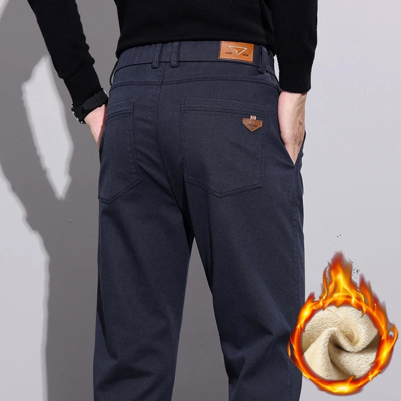 Winter New Men's Fleece Pants Slim Straight Warm Soft