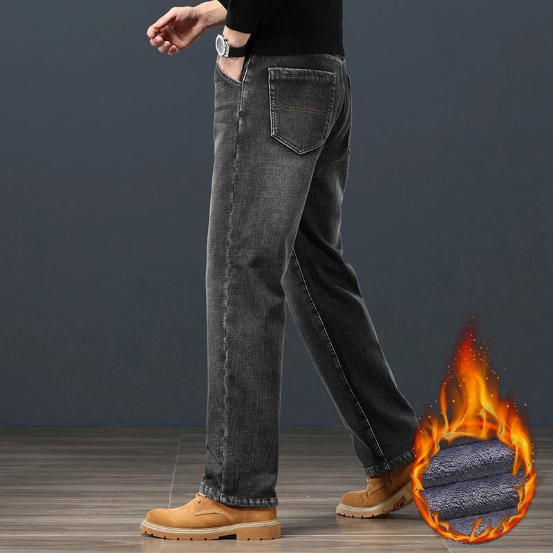 Winter Fleece Men Jeans Classic Loose Straight Warm Thicken Trousers Business Casual Velvet Elastic Denim Pants Plus Size 42 44