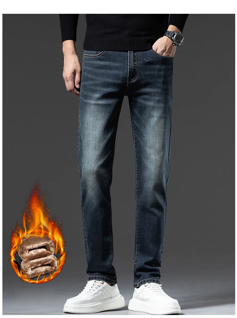 Winter Fleece Jeans Men's Clothes Thickened Fashion Plush Trousers Brand Business Straight Fitted Warm Stretch Denim Pants