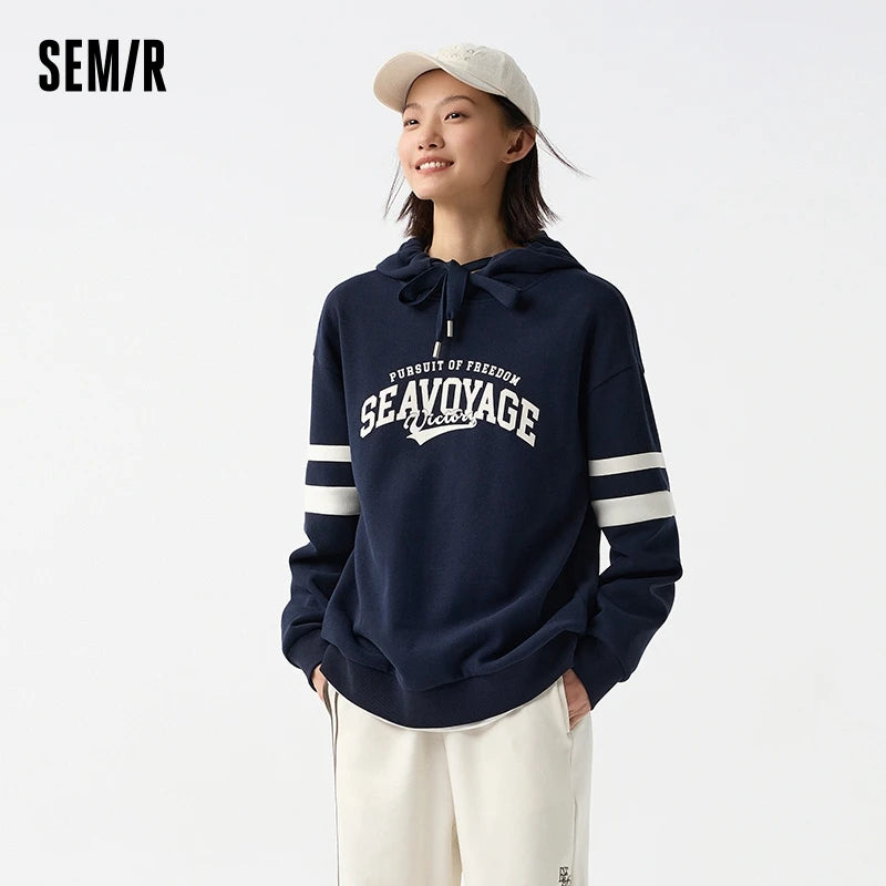 Semir Hoodie Women Letter-printed Loose Drop-shoulder Hooded Pullover Casual and Elegant Spring Individual Printed Top