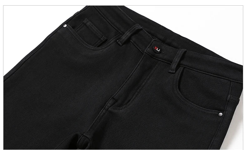 Men's Winter Warm Fleece Black Jeans 2022 New Business Fashion Stretch Regular Fit Denim Thick Pants Male Brand Trousers