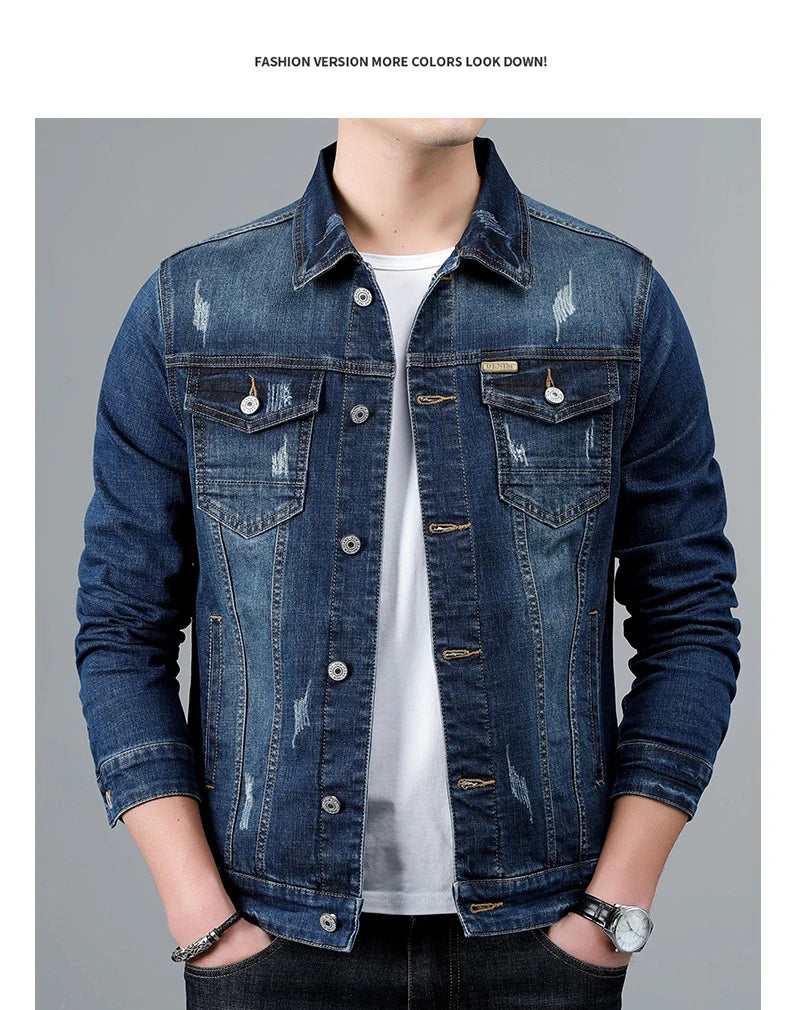 Spring New Men's Casual Cotton Denim Jacket Classic Style Fashion Slim Washed Retro Blue Jeans Coat Male Brand Clothing