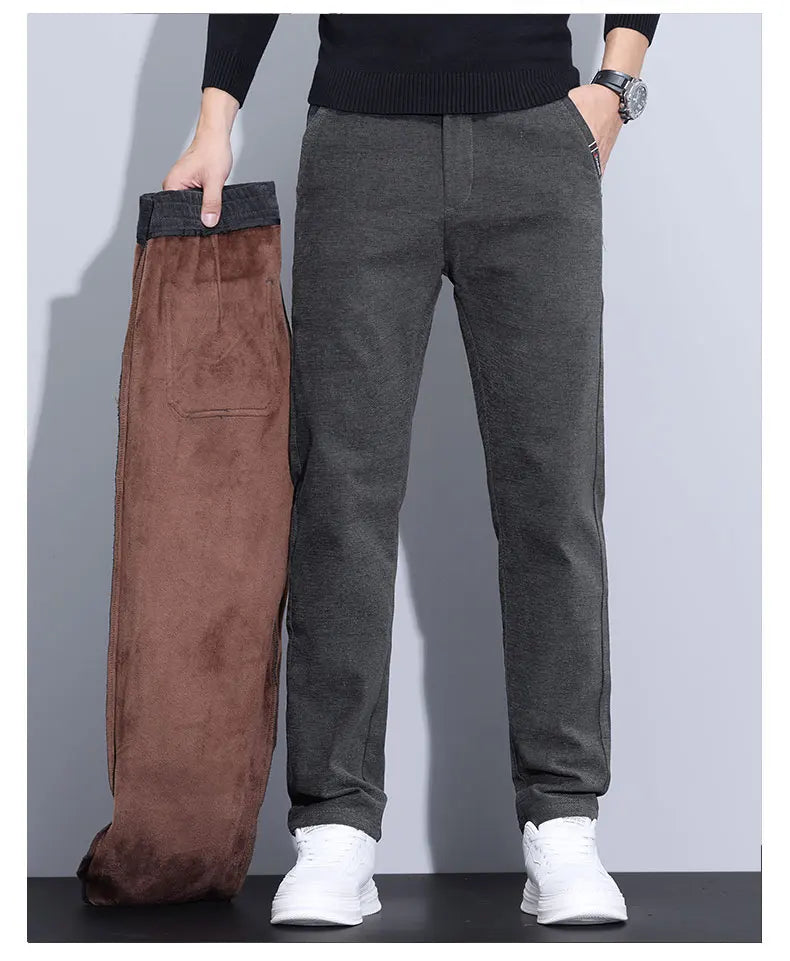 Velvet Thickened Winter Men's Pants Warm Fleece Chenille Fabric Soft Fashion Slim Straight Business Casual Trousers Male Clothes