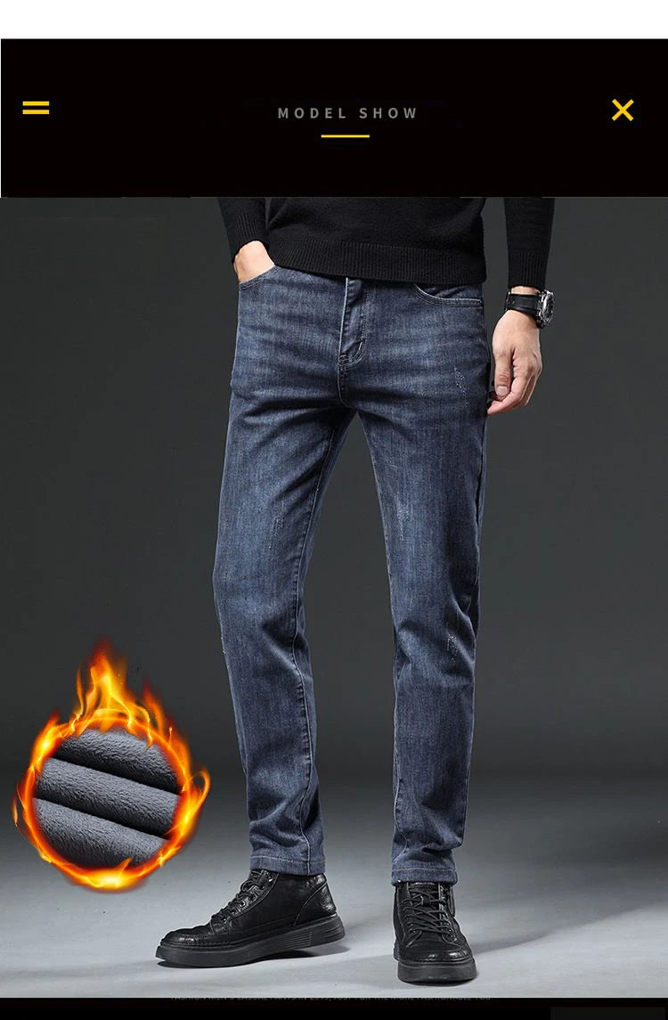 Winter Men's Fleece Warm Jeans Slim Straight Stretch Thickened Denim Pants Fashion Velvet Plush Trousers Brand Clothes