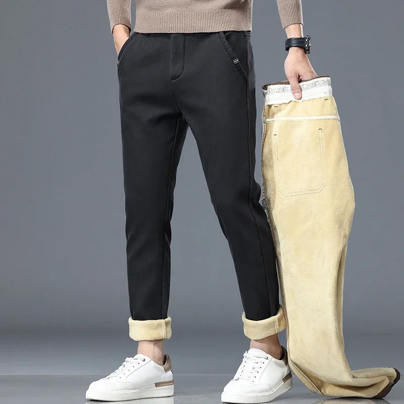 Lyocell Men's Winter Thickened Casual Pants Fleece Korean Fashion Comfortable Elastic Straight Baggy Velvet Trousers Male