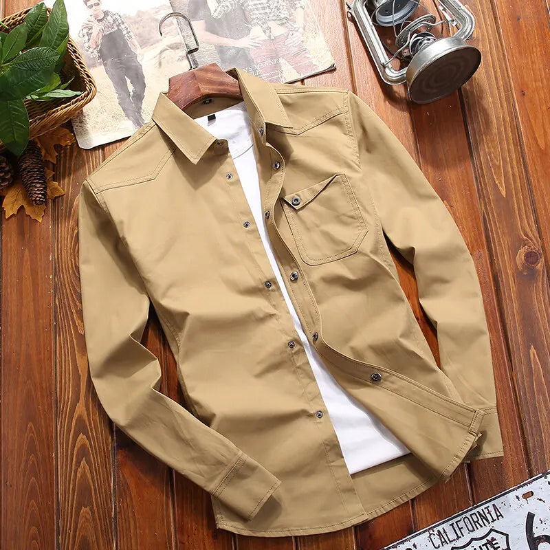 New Fashion Men's Long-Sleeved Shirt Long-Sleeved Buttons Solid Color Lapel Work Shirt Casual Outdoor Big Yards Men's Clothing