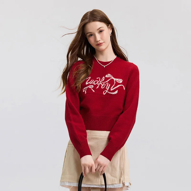 Semir Sweater Women Short Style with Bowknot Girly 2025 New Spring Sweet Round-neck Square-shoulder Pullover Sweater Slimming