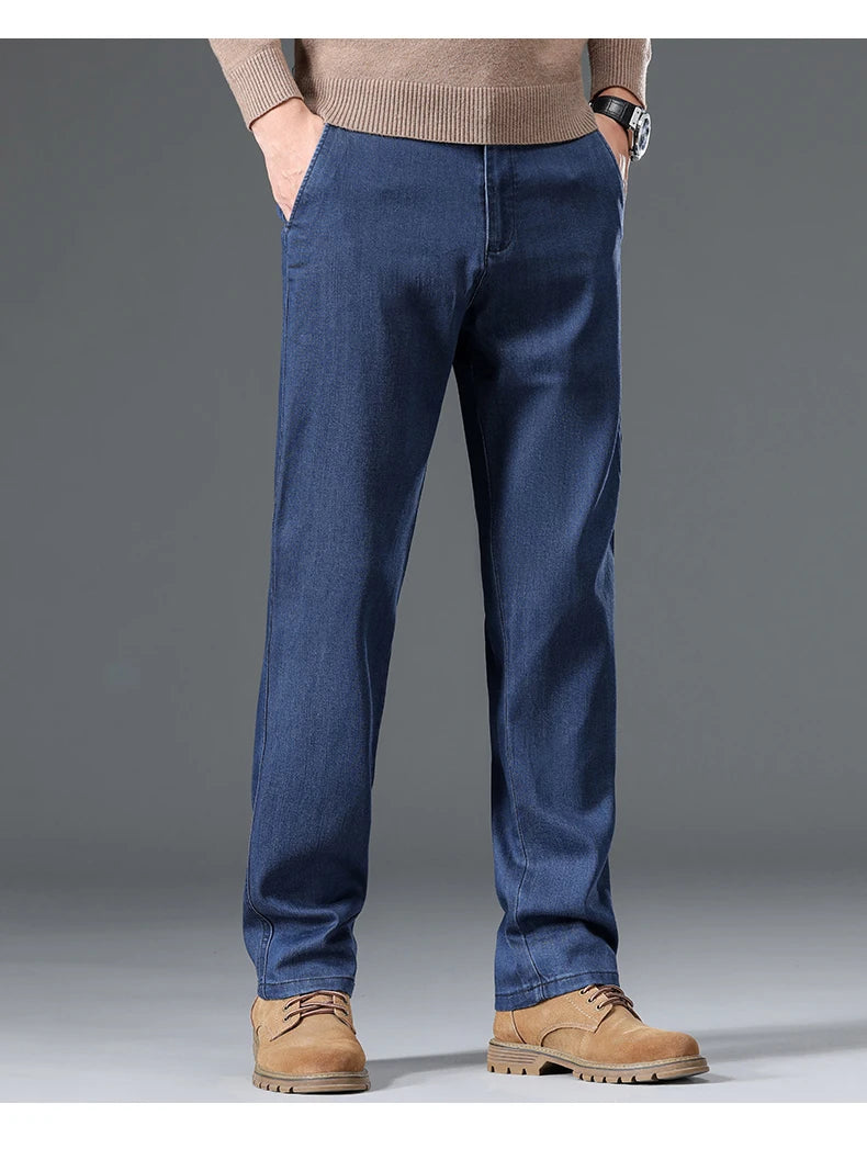 Men's Lyocell Slim Straight Stretch Jeans Fashion Business Casual Denim Pants Classic Blue Smoke Gray Trousers Male Clothes