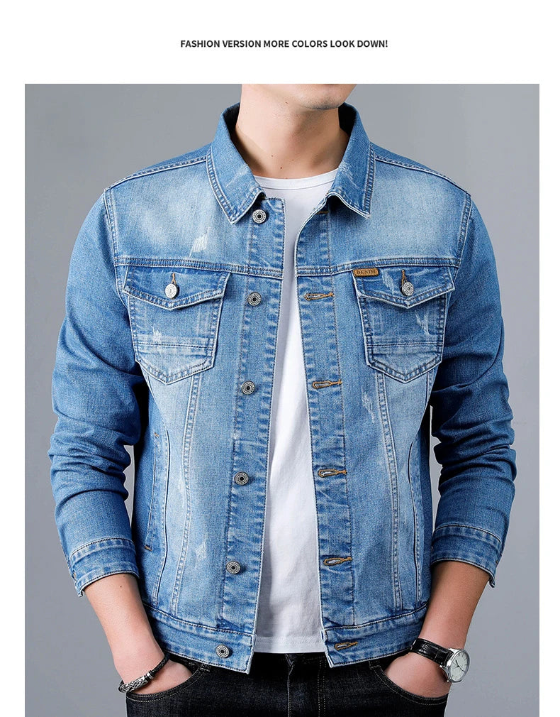 Spring New Men's Casual Cotton Denim Jacket Classic Style Fashion Slim Washed Retro Blue Jeans Coat Male Brand Clothing