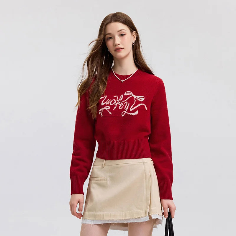 Semir Sweater Women Short Style with Bowknot Girly 2025 New Spring Sweet Round-neck Square-shoulder Pullover Sweater Slimming