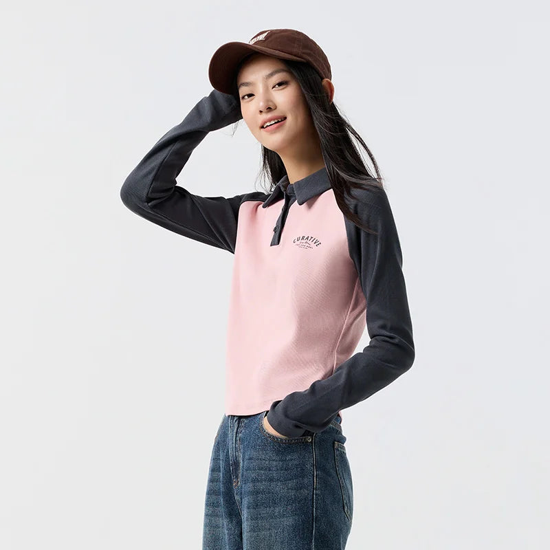 Semir Polo Shirt Women Short Style Skinny Color-blocked Raglan-sleeved 2024 Spring New Letter-printed Top