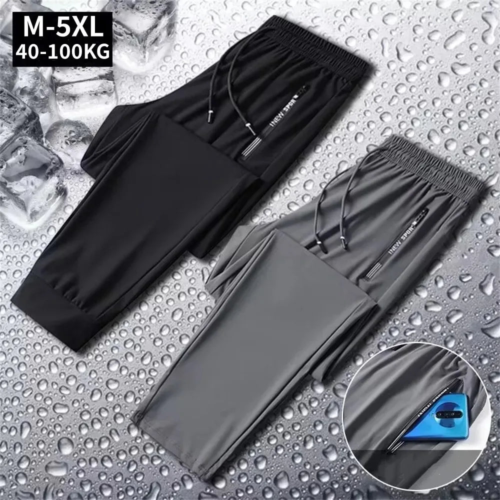 Summer Men's Ice Silk Casual Pants Outdoor Sports Quick Dry Elastic Waist Refreshing Straight Leg Corset Fitness Pants