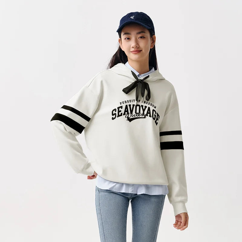 Semir Hoodie Women Letter-printed Loose Drop-shoulder Hooded Pullover Casual and Elegant Spring Individual Printed Top