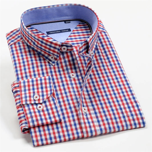 Men's Long Sleeve Oxford Plaid Striped Casual Shirt