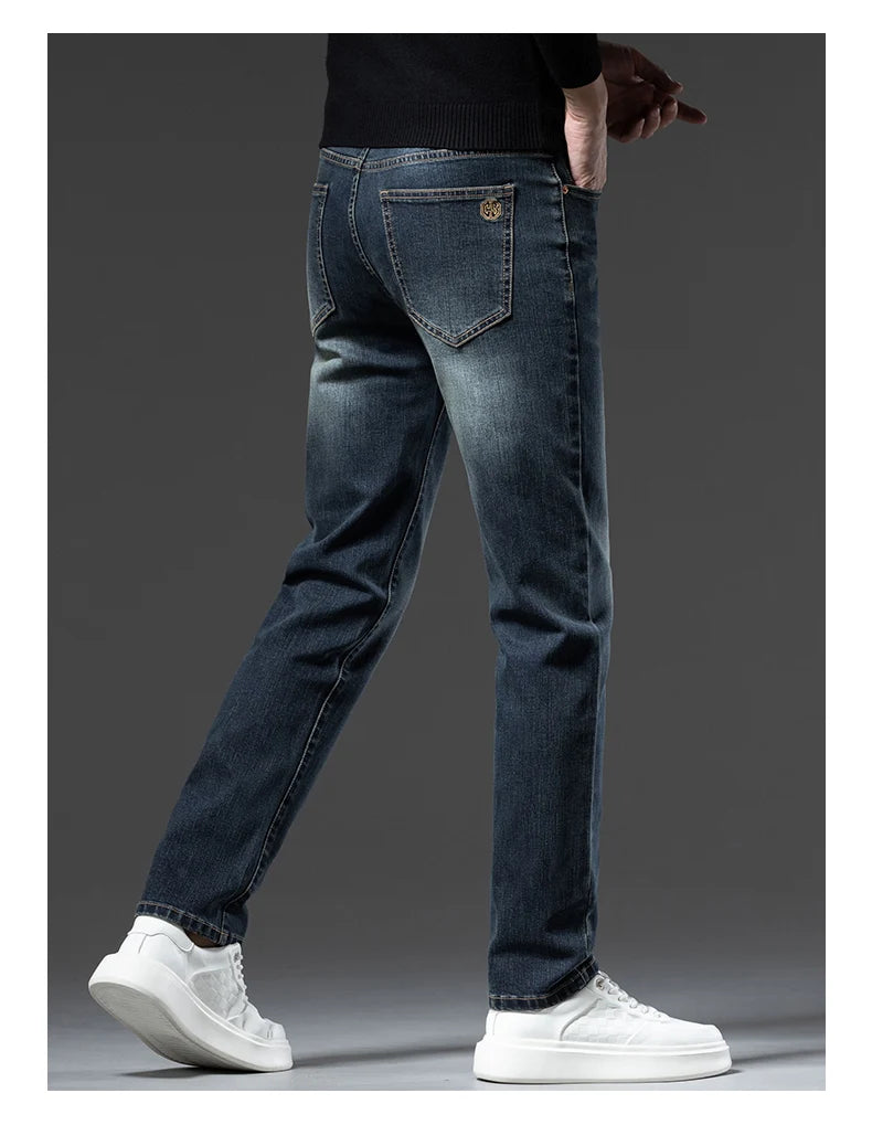 Winter Fleece Jeans Men's Clothes Thickened Fashion Plush Trousers Brand Business Straight Fitted Warm Stretch Denim Pants