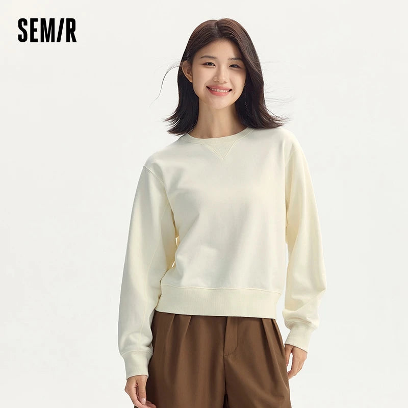 Semir Sweatshirt Women Lazy Simple Round Neck Loose 2024 Autumn New Gentle Solid Color Base Sweatshirt