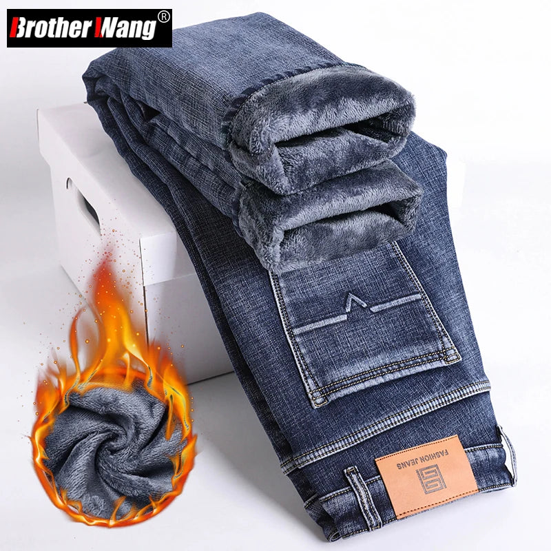 2025 Winter Men's Warm Jeans Thicken Fleece Slim