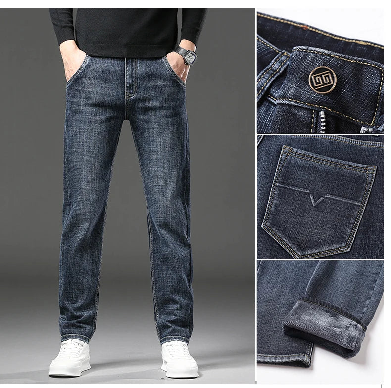 2025 Winter Men's Warm Jeans Thicken Fleece Slim