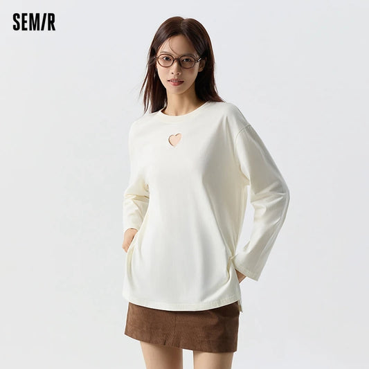 Semir 2024 Long-Sleeved T-Shirt Women Mid-Length Pure Cotton Hollow Love Spring New Hyaluronic Acid Loose Slit Top Tee Shirts