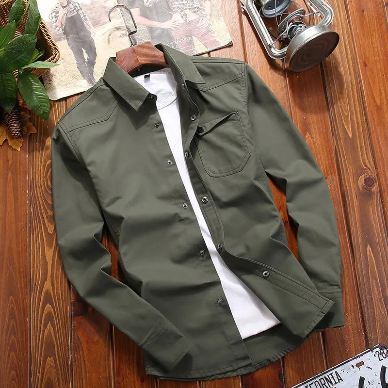 New Fashion Men's Long-Sleeved Shirt Long-Sleeved Buttons Solid Color Lapel Work Shirt Casual Outdoor Big Yards Men's Clothing