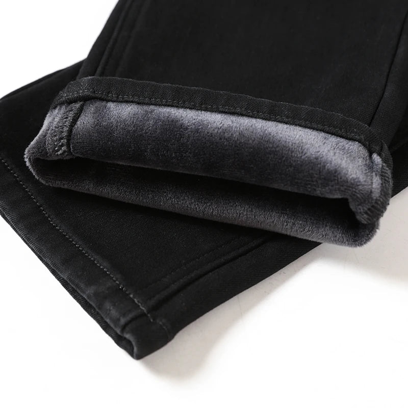 Men's Winter Warm Fleece Black Jeans 2022 New Business Fashion Stretch Regular Fit Denim Thick Pants Male Brand Trousers