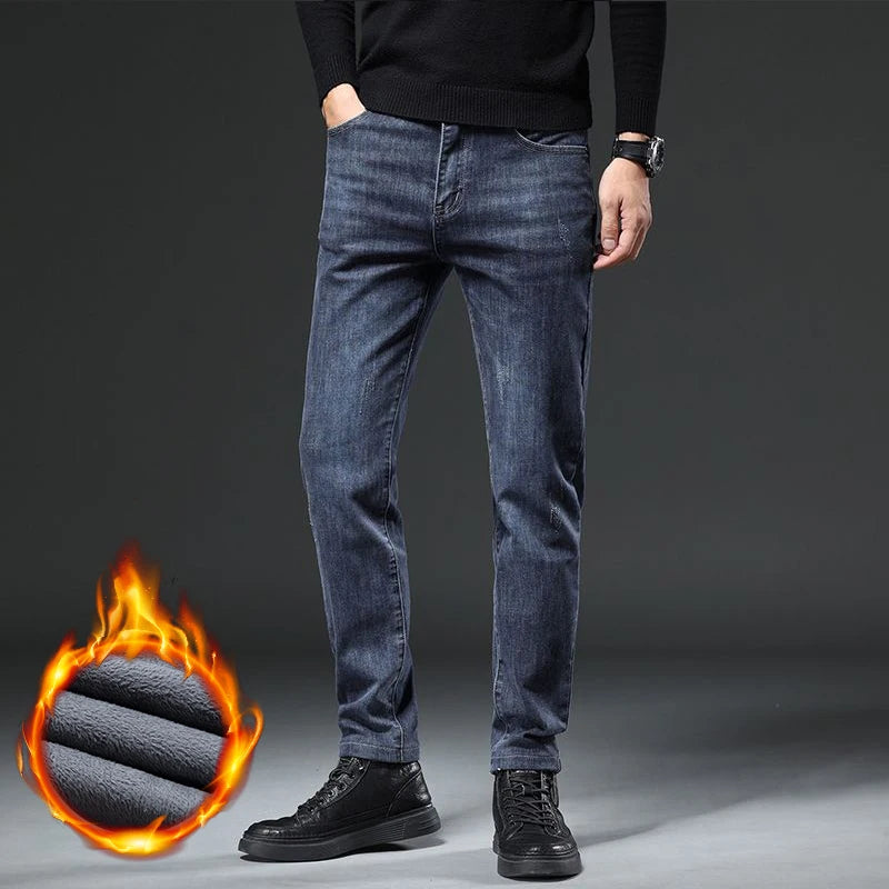 Winter Men's Fleece Warm Jeans Slim Straight Stretch Thickened Denim Pants Fashion Velvet Plush Trousers Brand Clothes