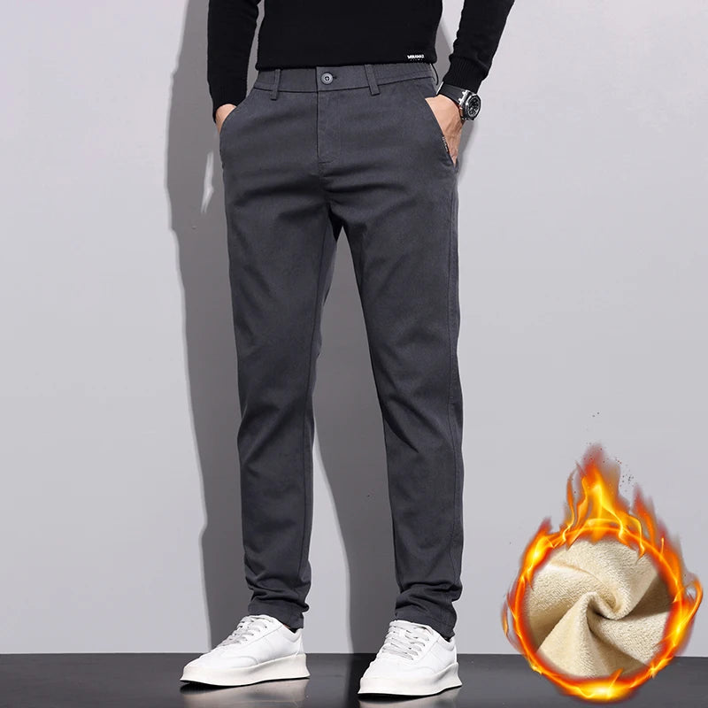 Winter New Men's Fleece Pants Slim Straight Warm Soft