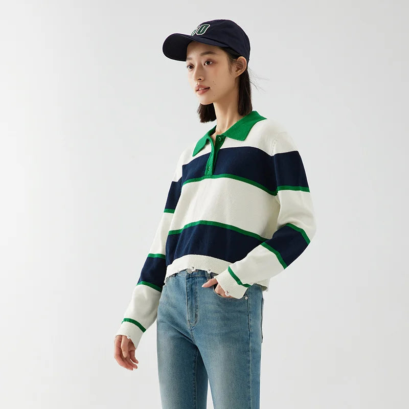 Semir Sweater Women Short Polo Neck Loose Personality Trendy Girl Autumn Salt System Striped Retro Trendy Cool Sweater