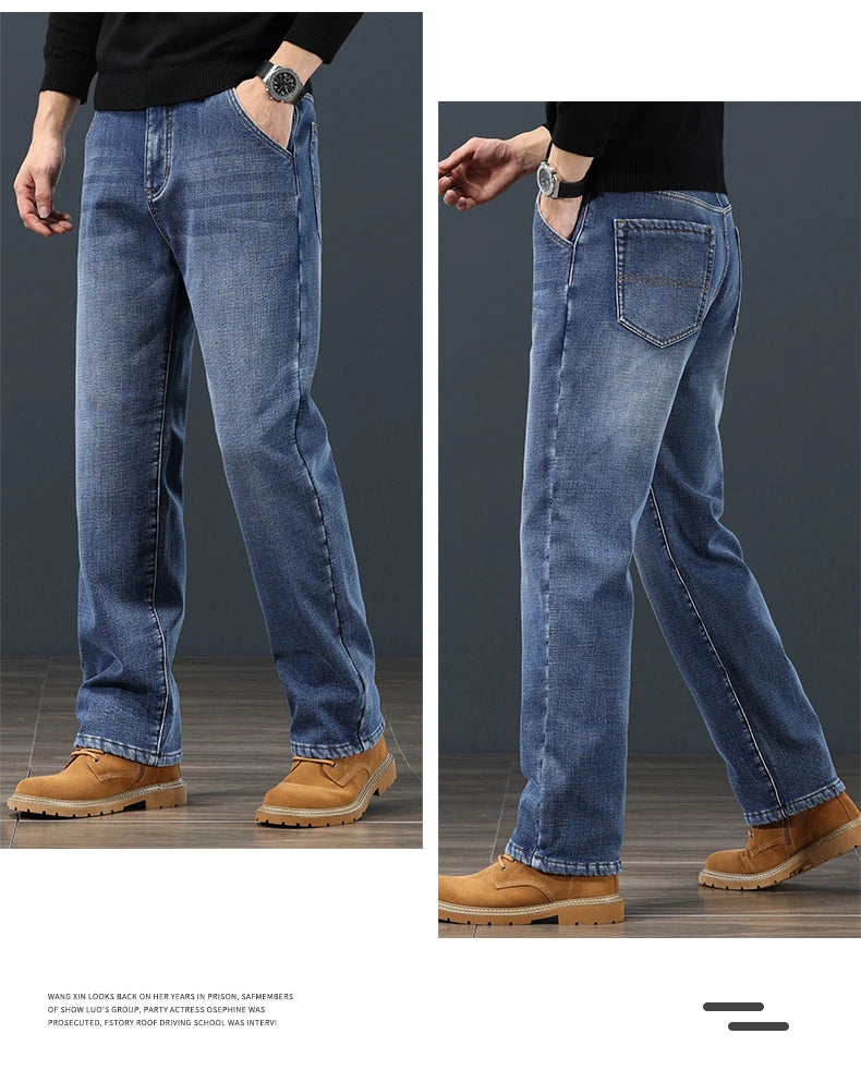 Winter Fleece Men Jeans Classic Loose Straight Warm Thicken Trousers Business Casual Velvet Elastic Denim Pants Plus Size 42 44