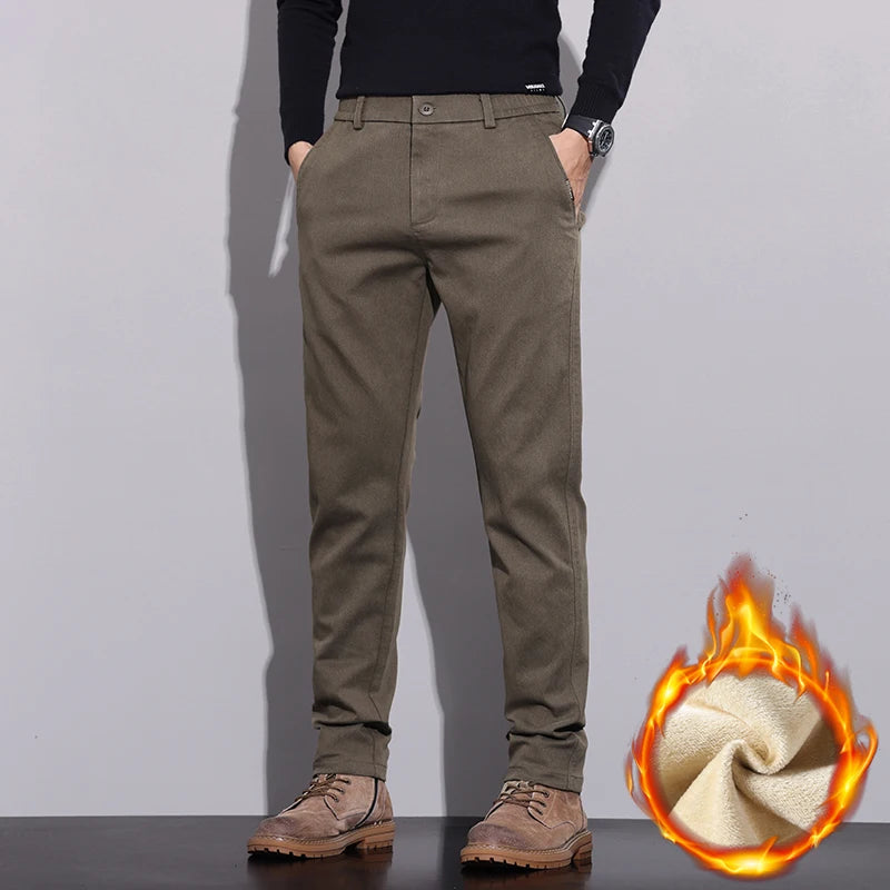 Winter New Men's Fleece Pants Slim Straight Warm Soft