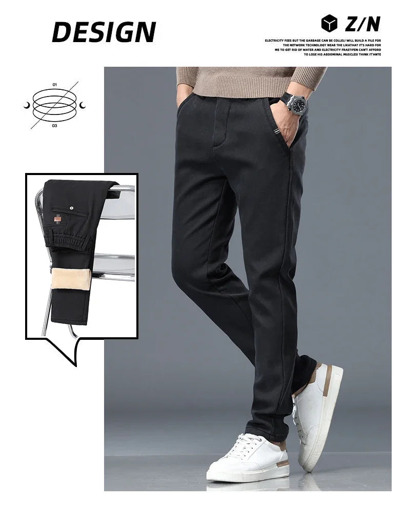 Lyocell Men's Winter Thickened Casual Pants Fleece Korean Fashion Comfortable Elastic Straight Baggy Velvet Trousers Male