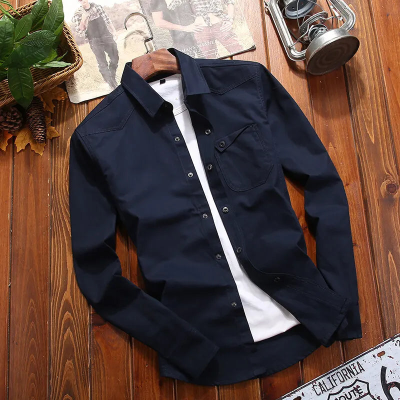 New Fashion Men's Long-Sleeved Shirt Long-Sleeved Buttons Solid Color Lapel Work Shirt Casual Outdoor Big Yards Men's Clothing