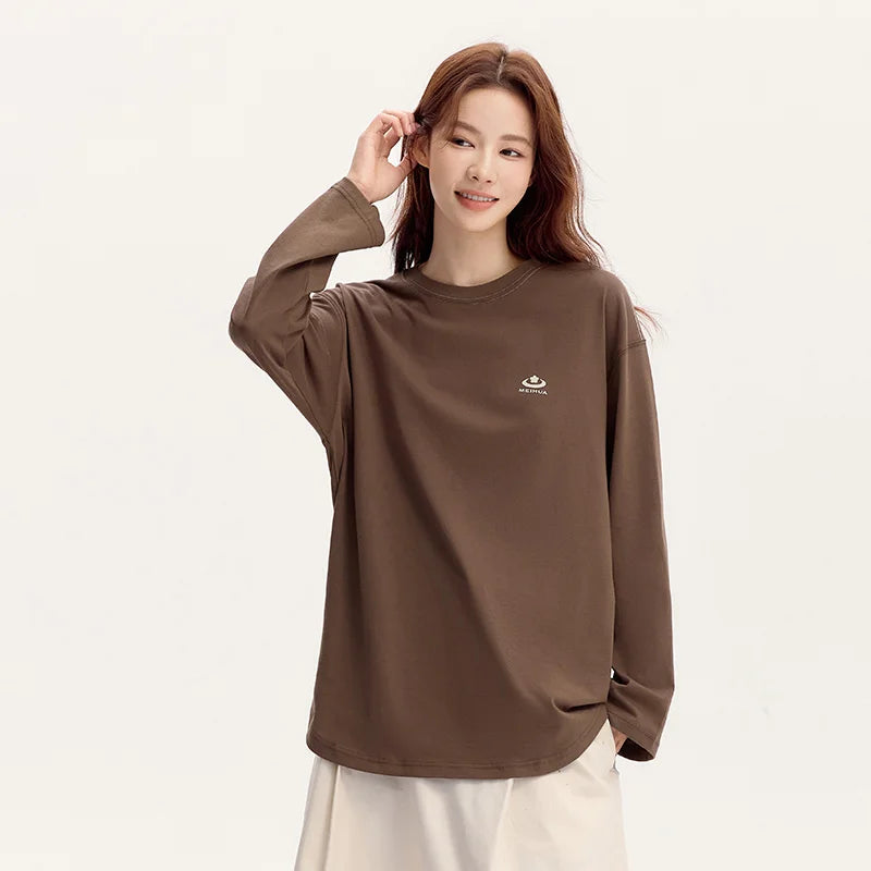 Semir Long Sleeve T-Shirt Women Plum Blossom Medium Long Length Pure Cotton with Printed Design 2024 New Autumn Oversized Top