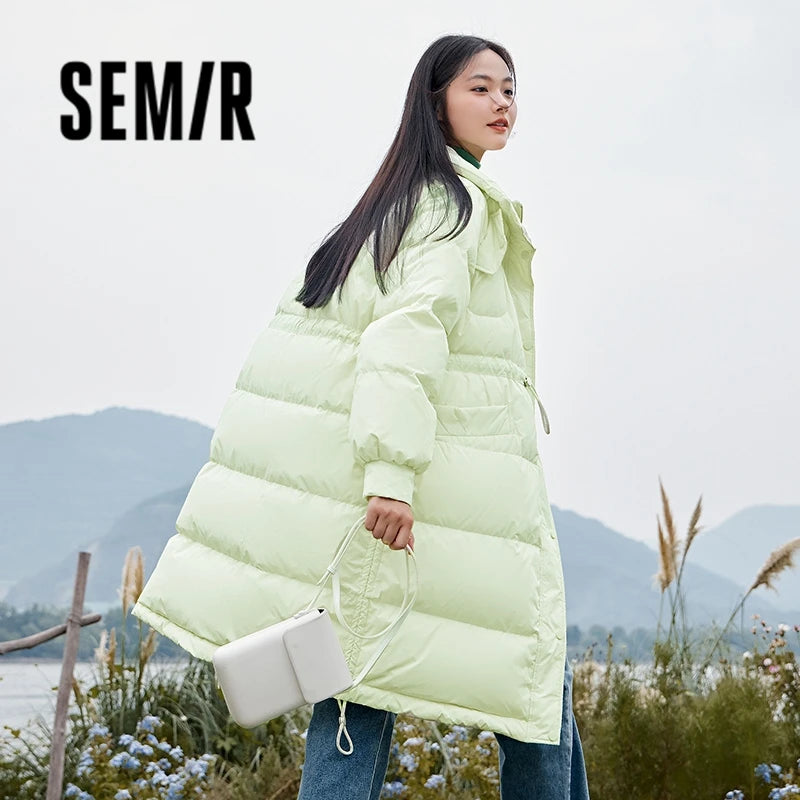 Semir Down Jacket Women Three-Proof Stand-Up Collar Loose Simple 2023 Winter New Drawstring Waist All-Match Thick Long Coat