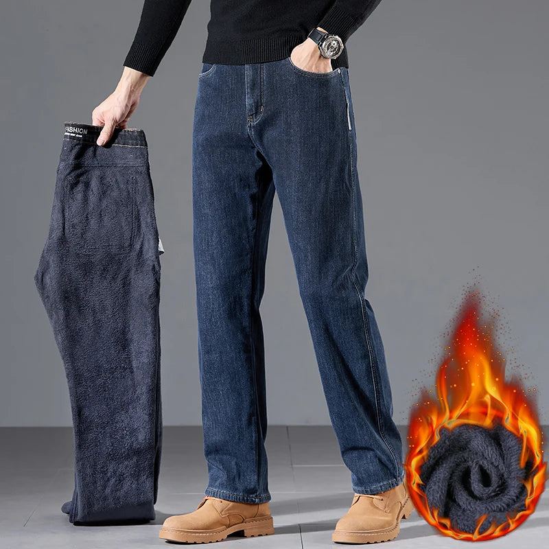 Winter Fleece Loose Jeans Men Classic Straight High Quality Thicken Warm Velvet Trousers Business Casual Brand Denim Pants