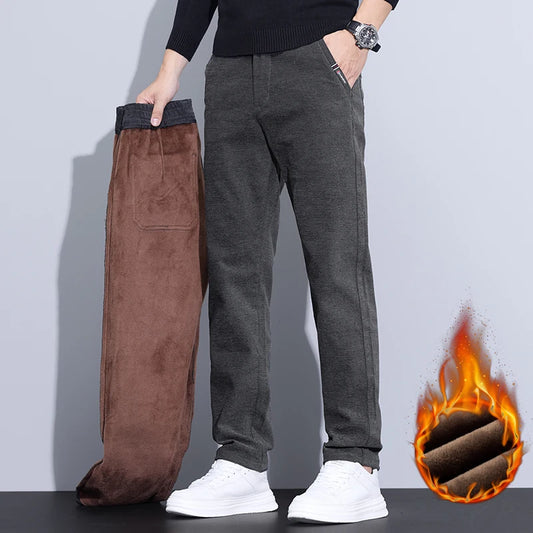 Velvet Thickened Winter Men's Pants Warm Fleece Chenille Fabric Soft Fashion Slim Straight Business Casual Trousers Male Clothes