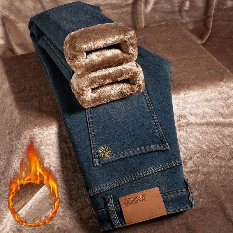 Winter Fleece Jeans Men's Clothes Thickened Fashion Plush Trousers Brand Business Straight Fitted Warm Stretch Denim Pants