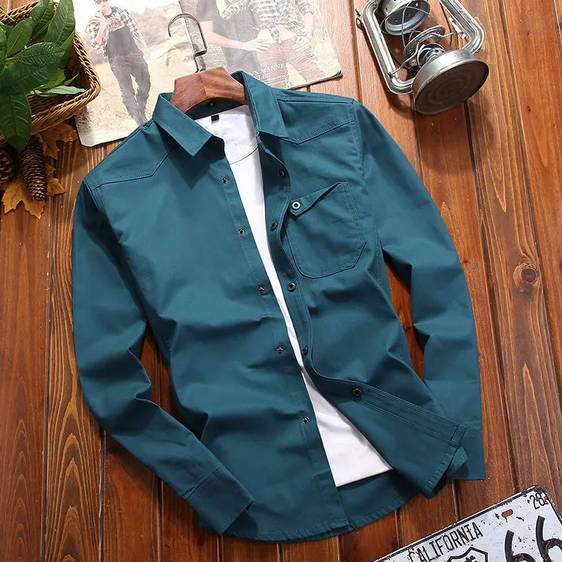 New Fashion Men's Long-Sleeved Shirt Long-Sleeved Buttons Solid Color Lapel Work Shirt Casual Outdoor Big Yards Men's Clothing