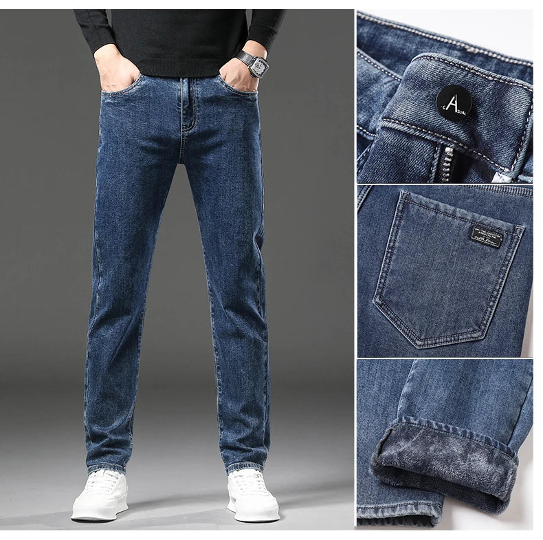 Men's Warm Fleece Jeans Winter New Thick Velvet Slim Fit Business Casual Pants Classic Black Blue Elastic Cotton Denim Pants