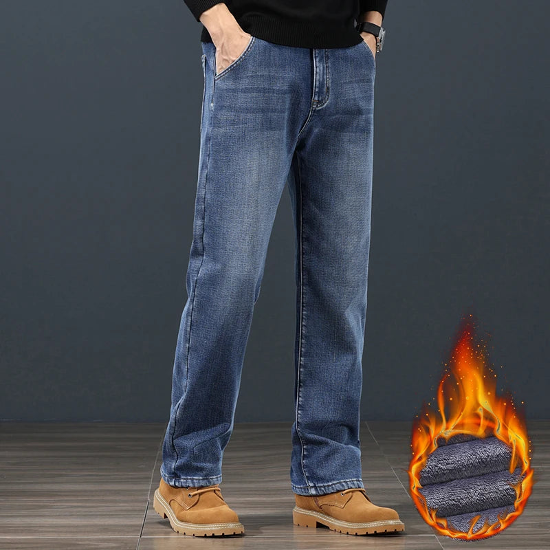 Winter Fleece Men Jeans Classic Loose Straight Warm Thicken Trousers Business Casual Velvet Elastic Denim Pants Plus Size 42 44