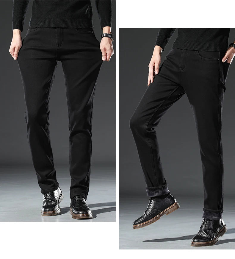 Men's Winter Warm Fleece Black Jeans 2022 New Business Fashion Stretch Regular Fit Denim Thick Pants Male Brand Trousers