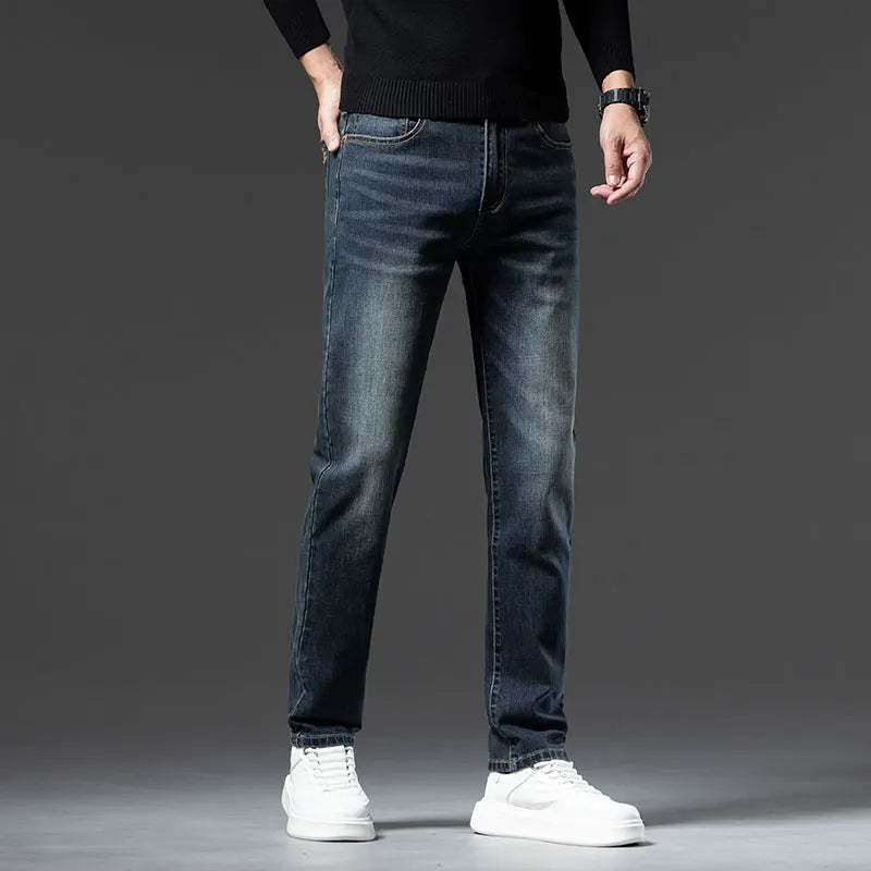 Winter Fleece Jeans Men's Clothes Thickened Fashion Plush Trousers Brand Business Straight Fitted Warm Stretch Denim Pants