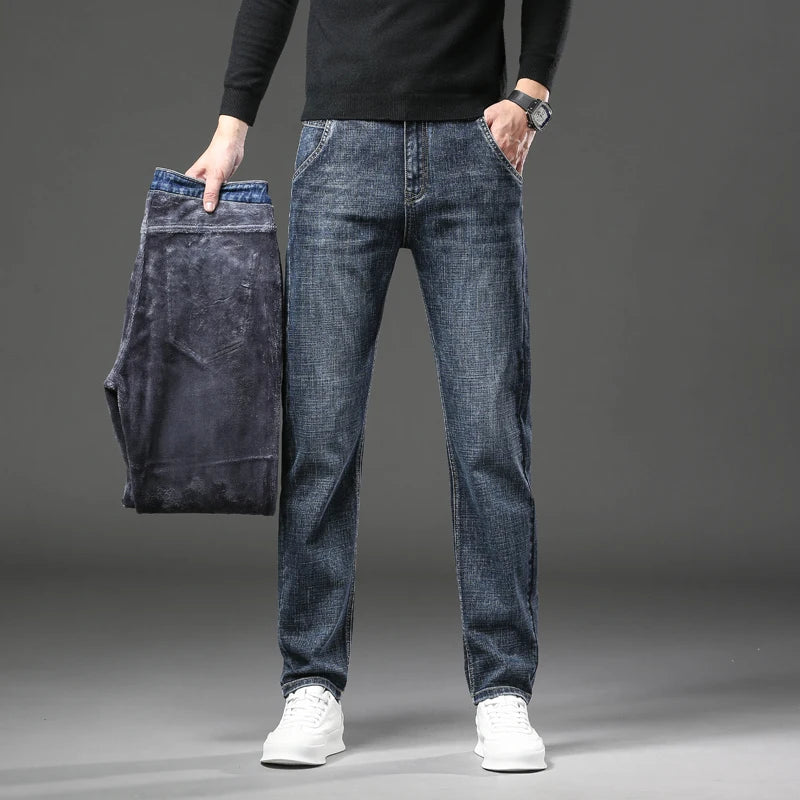 2025 Winter Men's Warm Jeans Thicken Fleece Slim