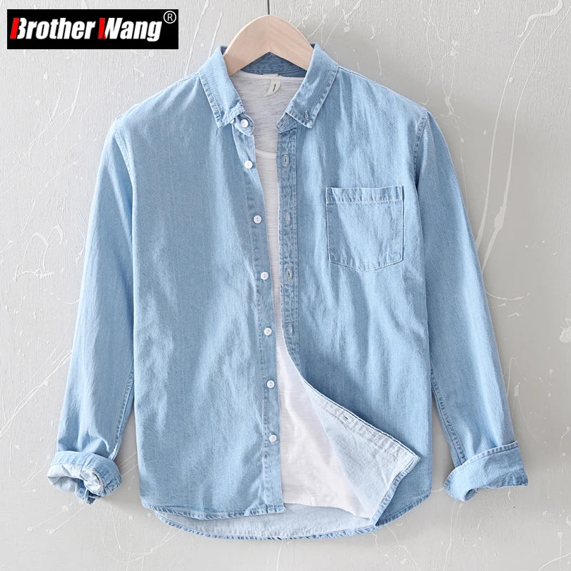 Brother Wang 100% Cotton Men's Denim Shirts Autumn Thin Fashion Light Blue Long Sleeve Comfortable Soft Daily Work Casual Shirt