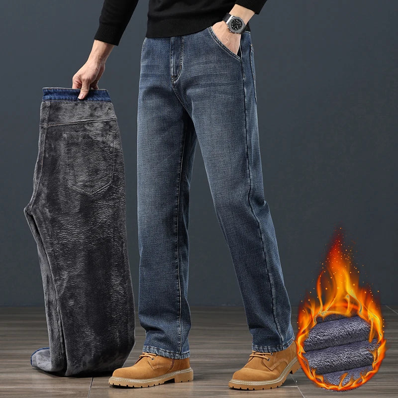 Winter Fleece Men Jeans Classic Loose Straight Warm Thicken Trousers Business Casual Velvet Elastic Denim Pants Plus Size 42 44