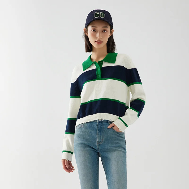 Semir Sweater Women Short Polo Neck Loose Personality Trendy Girl Autumn Salt System Striped Retro Trendy Cool Sweater