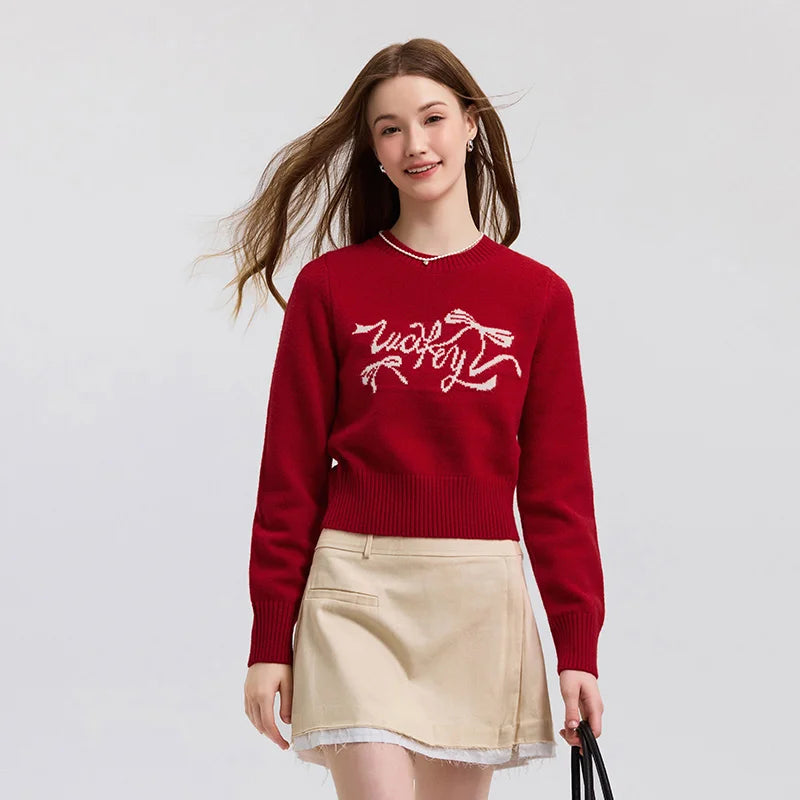 Semir Sweater Women Short Style with Bowknot Girly 2025 New Spring Sweet Round-neck Square-shoulder Pullover Sweater Slimming