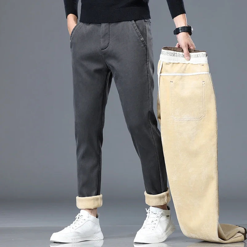 Lyocell Men's Winter Thickened Casual Pants Fleece Korean Fashion Comfortable Elastic Straight Baggy Velvet Trousers Male