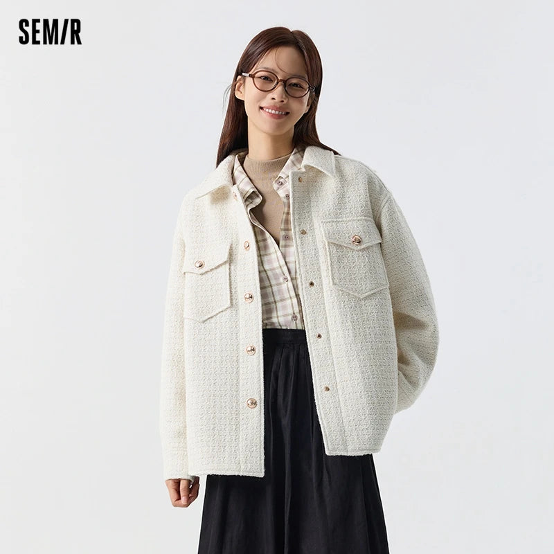 Semir Outerwear Women Mid-long Style Slit 2024 New Spring Wool-blended Tweed Top