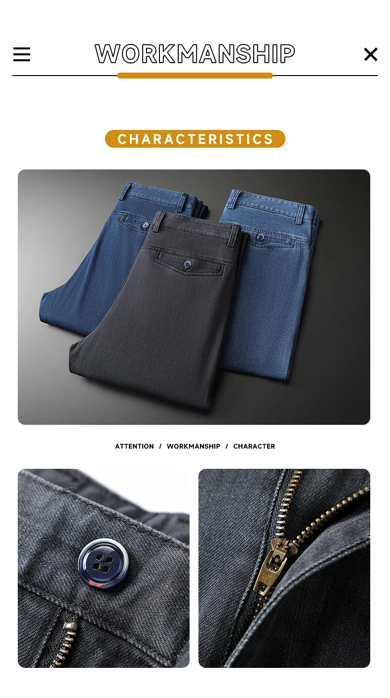 Men's Lyocell Slim Straight Stretch Jeans Fashion Business Casual Denim Pants Classic Blue Smoke Gray Trousers Male Clothes